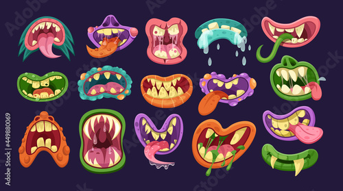 Funny monster mouth set with different expressions. Monstrous emotions, facial scary horror expressions for Halloween cartoon vector