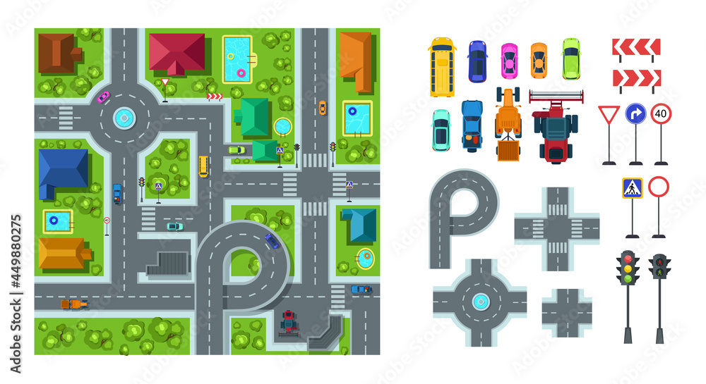 City road infrastructure cartography map elements set plan navigation ...
