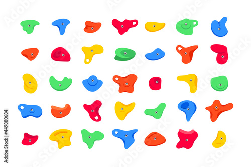 Set of climbing grips or holds in the gym bouldering training flat style design vector illustration set. Holds for the rock climbing walls. Crimps, jugs, pinches, slopers elements icon signs.