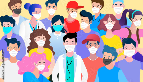 A diverse crowd of people and a doctor wearing protective face masks for public health and safety. A vector illustration for disease prevention, air pollution awareness, and community solidarity.