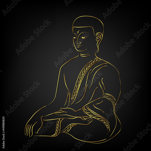 Golden buddha line sketch with golden border element isolate on black