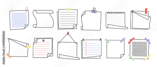 Doodle hand drawn memo notes and reminders vector illustration set. Simple drawing doodle style sketches of square paper sheets with curved corners cute diary design with clip, pins and duct tape.