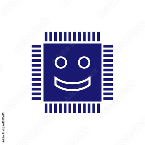 Integrated circuit icon isolated on white background. Lack, deficite of chips. Semiconductor manufacturing. Processor, microchip. Funny smile. Vector Illustration.