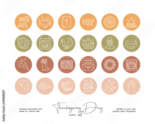 Set of hand drawn line art vector Thanksgiving Day illustrations. Vector line icons set for social media story highlight covers.