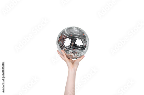 Hand with a crystal ball isolated on white background. Concept body parts and actions