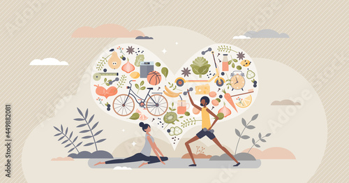 Healthy habits lifestyle as diet eating and active sport tiny person concept. Exercises for good shape and balanced meals for body wellbeing and vitality vector illustration. Daily sport routine. photo