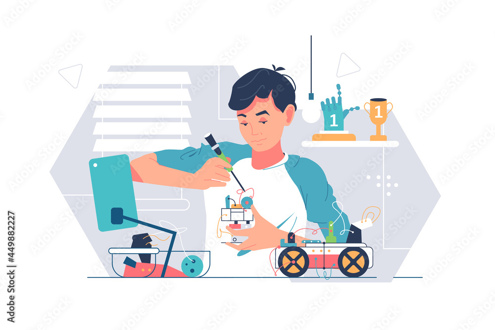 Boy fix electrical car with tool Boy fix electrical car with tool
