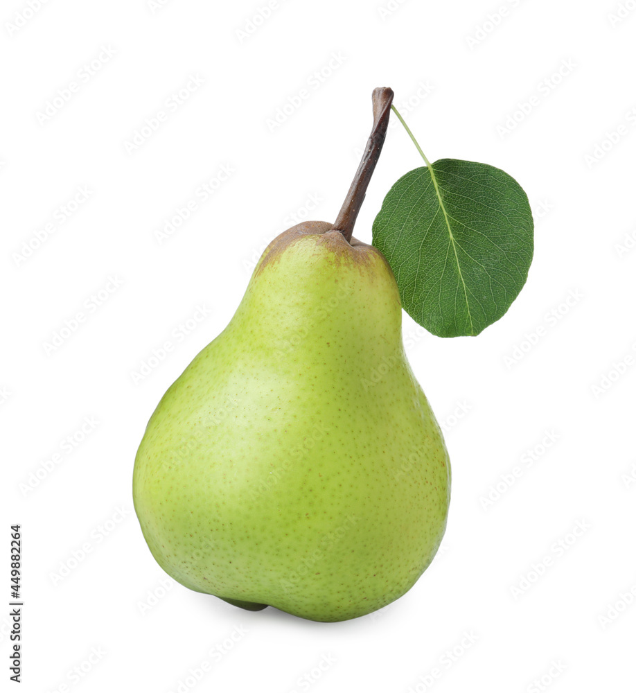 One fresh ripe pear with green leaf isolated on white One fresh ripe pear with green leaf isolated on white