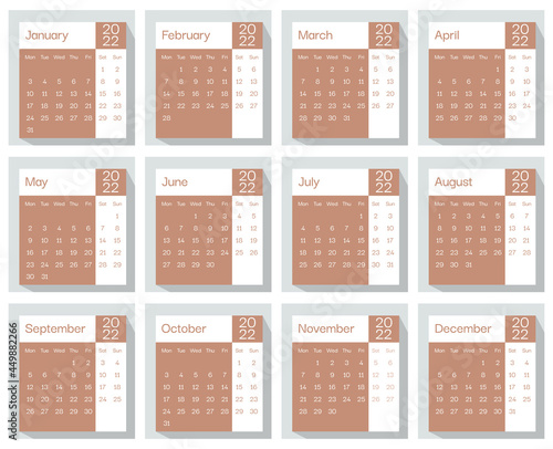 2022 calendar planner month leaf in brown color, week starts on Sunday, template, mock up calendar leaf - Illustration. Vector graphic page