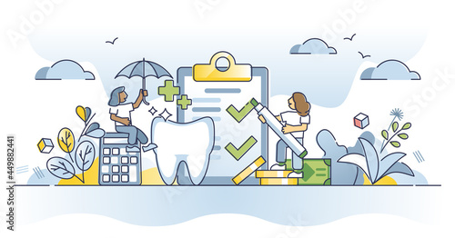 Dental insurance and tooth care cost financial coverage outline concept. Stomatology financial safety for doctor expenses vector illustration. Legal document for patient medical bill prices reduction.