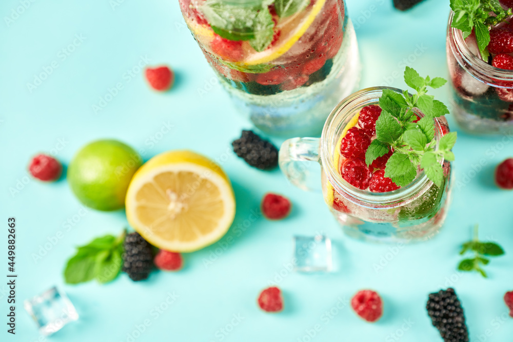 Fresh berries cocktail in glass jar. Fresh berries cocktail in glass jar.