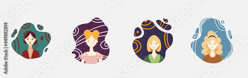 Set woman, girl portraits. Brunette, blond or red hair. Fashion avatar user icon, character. 