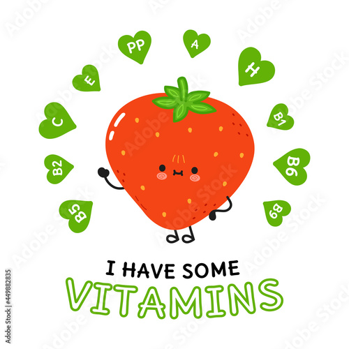I have some vitamins card with cute happy strawberry. Vector hand drawn doodle style cartoon character illustration icon design. Vitamins card whith cute happy strawberry 