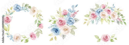Wreaths, floral frames, watercolor flowers blue and pink roses, Illustration hand painted. Isolated on white background. Perfectly for greeting card design.
