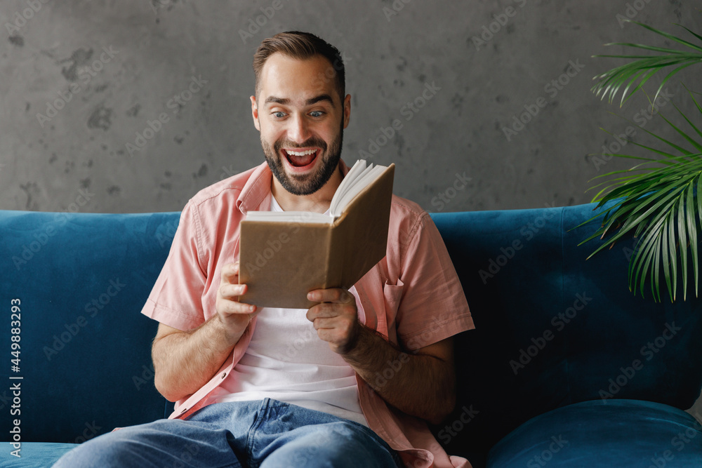 Young excited amazed happy fun satisfied man 20s wearing casual clothes reading book novel sitting on blue sofa at home flat indoors rest relax on weekends free time. People lounge lifestyle concept Young excited amazed happy fun satisfied man 20s wearing casual clothes reading book novel sitting on blue sofa at home flat indoors rest relax on weekends free time. People lounge lifestyle concept