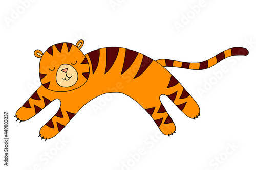 Fototapeta Naklejka Na Ścianę i Meble -  Cute kind tiger jumping. Animal. Jungle. The symbol of the new year. Children's illustration. Vector. Doodle. Drawn by hand.