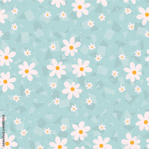 Chamomile seamless pattern. Abstract background with white daisies. Pattern for textiles, fabrics, bed linen, wallpaper. Decorative print for design with chamomile and daisies. Vector