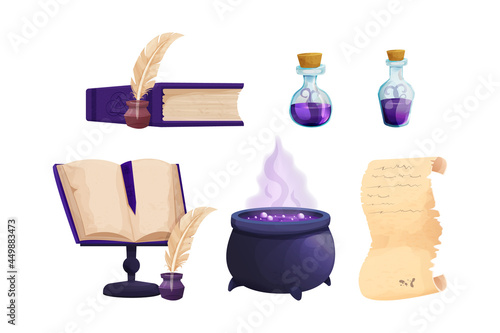 Set Witchcraft tools Magic Bottles with liquid potion, witch cauldron, parchment scroll with quill, old books, candles in cartoon style isolated on white background. alchemy asset