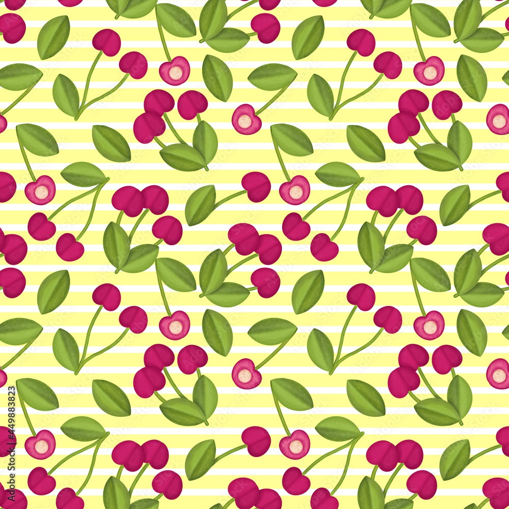 Fresh Cherry Hand drawn Seamless Pattern design. Red Cherry Berry creative surface texture for textile, wrapping paper and wallpapers.