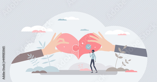 Helping together and care as connected two heart pieces tiny person concept. Romantic gesture and feelings bonding as sharing partner love vector illustration. Unity and harmony for all community.