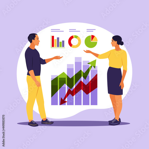 Business people investing into innovation with high potential. Successful investors or entrepreneur. Trading, financial consulting, investment and savings. Vector illustration. Flat.