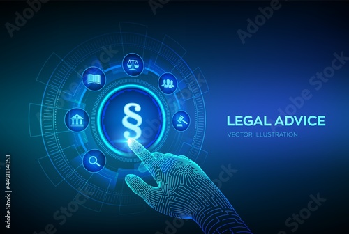 Paragraph as a sign of justice and law. Labor law, Lawyer, Attorney at law, Legal advice concept on virtual screen. Protection of rights and freedoms. Robotic hand touching digital interface. Vector.