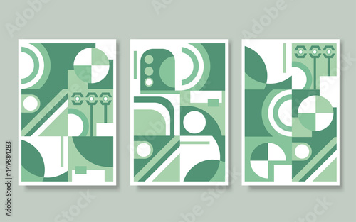 Abstract vector illustration set of art works in bauhaus style in green and mint colors.