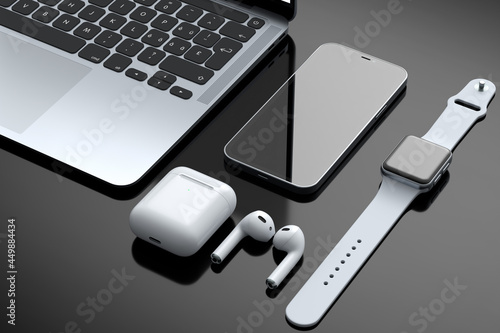 Realistic laptop with smart watch, headphones and phone on black