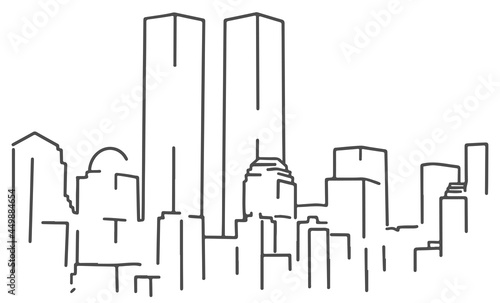 Patriot day in USA. Twin towers. Hand drawn world trade center. One line drawing towers. New York city in line art.