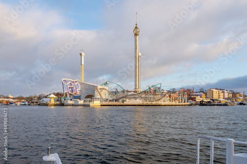 Photography Historical beautiful Grona Lund amusement park under the cloudy sky in Stockholm