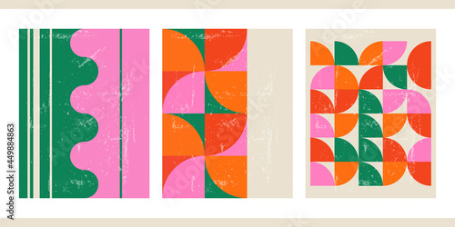 A set of three colorful aesthetic geometric backgrounds. Minimalist social media posters, cover designs, web, home decor. Vintage illustrations with stripes, shapes, circles, lines, rectangles.