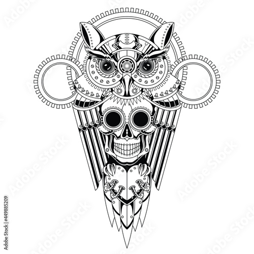 Owl Skull Steampunk Illustration Lineal Style