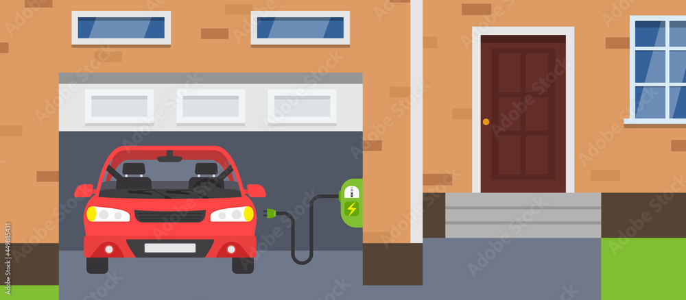 electric car charging station at home garage parking vector illustration electric car charging station at home garage parking vector illustration