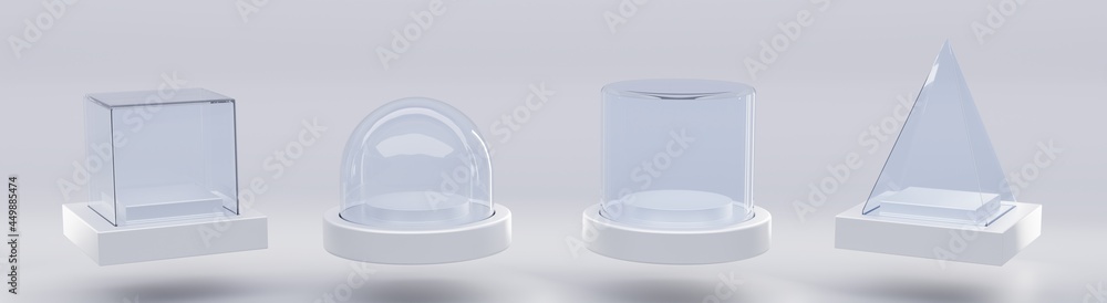 Glass cube box, pyramid, cylinder, sphere or dome on white stand isolated on grey background. Mockup empty clear showcases of plexiglass or acrylic for display on plastic podium. Realistic 3d set - obrazy, fototapety, plakaty 