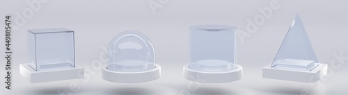 Glass cube box, pyramid, cylinder, sphere or dome on white stand isolated on grey background. Mockup empty clear showcases of plexiglass or acrylic for display on plastic podium. Realistic 3d set