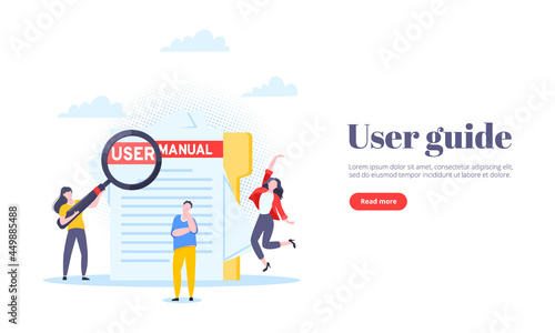 User manual guide book flat style design vector illustration. Tiny people, magnifying glass working together with guide book. Specifications user guidance document.