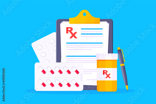 Medical rx form prescription flat style design vector illustration. Clipboard with rx form application, pill bottle jar and medicine pills. Medical prescription concept.