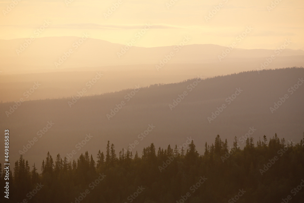 Forests, Hills and Mountains in Sunset. Vemdalsskalet, Sweden