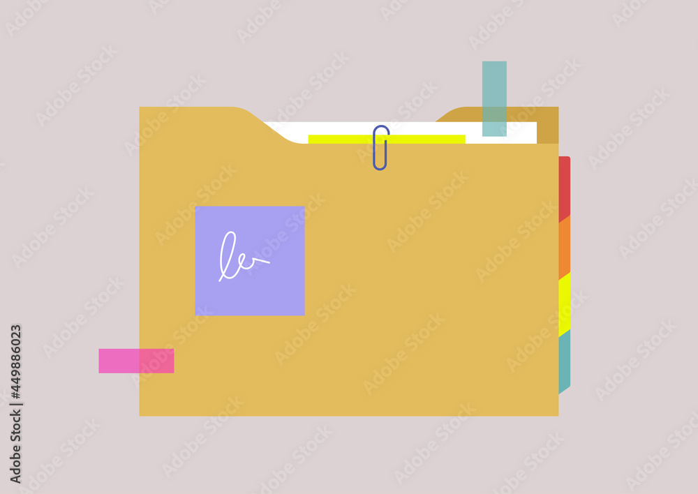 A portfolio folder with memos and bookmarks, office paperwork routine A portfolio folder with memos and bookmarks, office paperwork routine