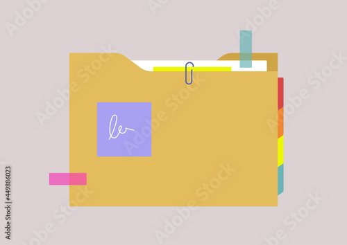 A portfolio folder with memos and bookmarks, office paperwork routine