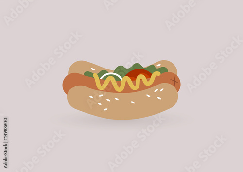 An isolated hot dog with onion, salad, tomato, mustard, and sesame seeds, fast food snack