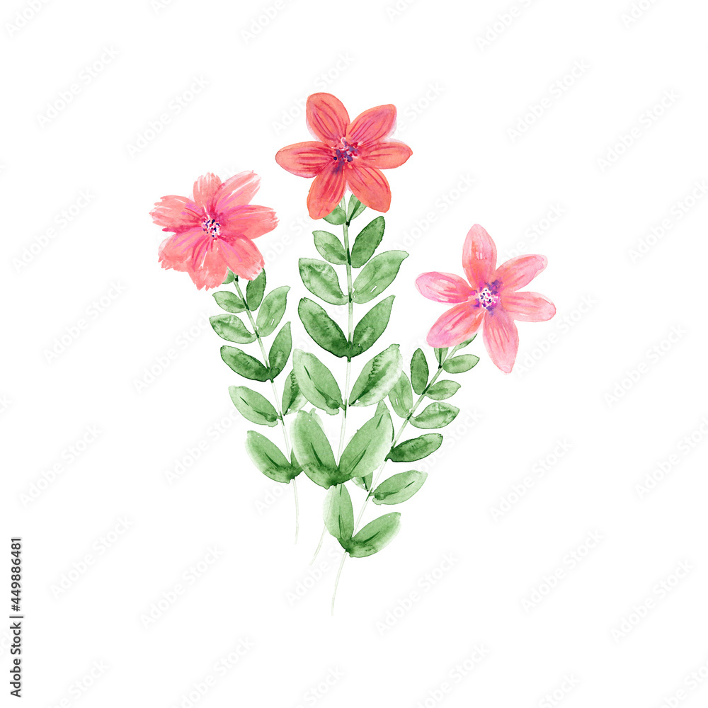 Watercolor illustration with various decorative flowers and leaves