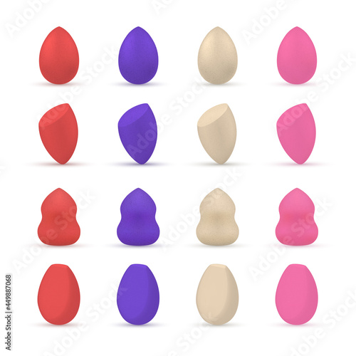 Colored beauty sponge set realistic vector illustration. Face make up applicator for cream concealer