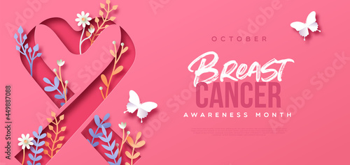 Breast Cancer month paper cut ribbon web template