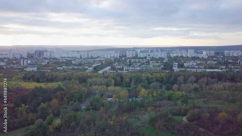 Aerial over the city in autumn at sunset. Kihinev city, Moldova republic of.