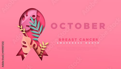 Breast cancer pink papercut tropical leaf ribbon