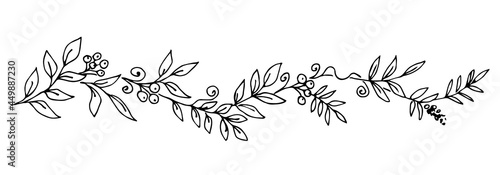 Simple hand-drawn vector drawing in black outline. Long floral banner, a garland of leaves, berries, inflorescences. Foliage, curls and branch. Ink sketch. Horizontal patterned border.