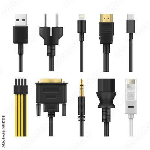 Realistic computer cables set vector illustration universal USB connector and display port