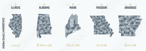 Tablou canvas Vector set 5 of 10 Highly detailed silhouettes of US state maps, divided into co