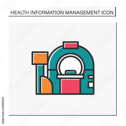 Tomography color icon.Brain examination. Cancer prevention. Modern medicine equipment. X-ray diagnostics. Healthcare and health information management concept. Isolated vector illustration